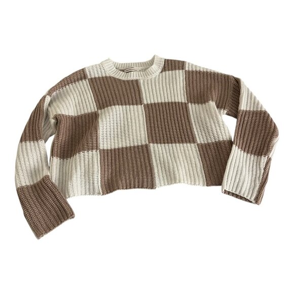 Moon & Madison Checkered Sweater XS Brown Cream Cropped Knit Pullover - Picture 5 of 5